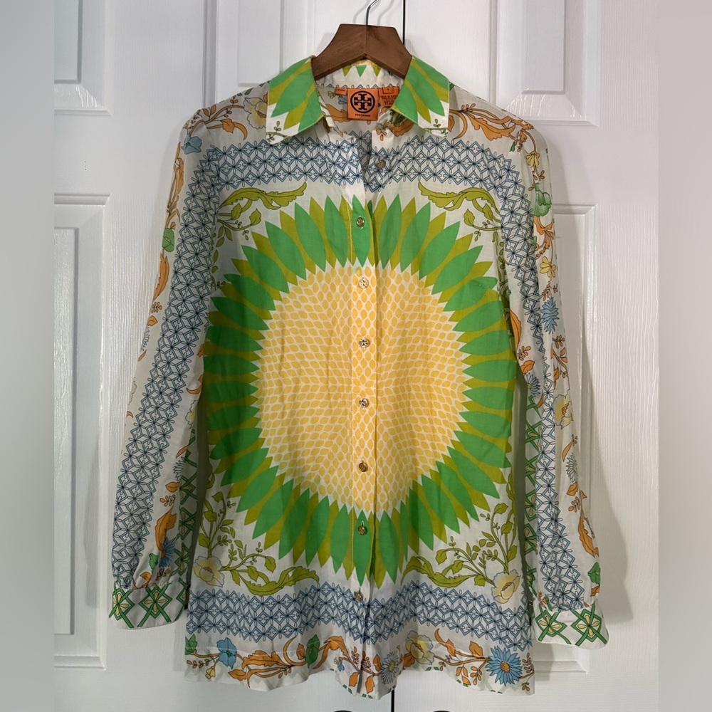 Tory Burch Floral Sunburst Print Cotton Blouse Button Up Top Women’s Size 4